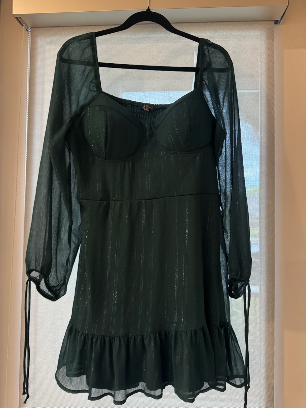 Sheer Dark Green Long Sleeve Ruffled Mini Dress